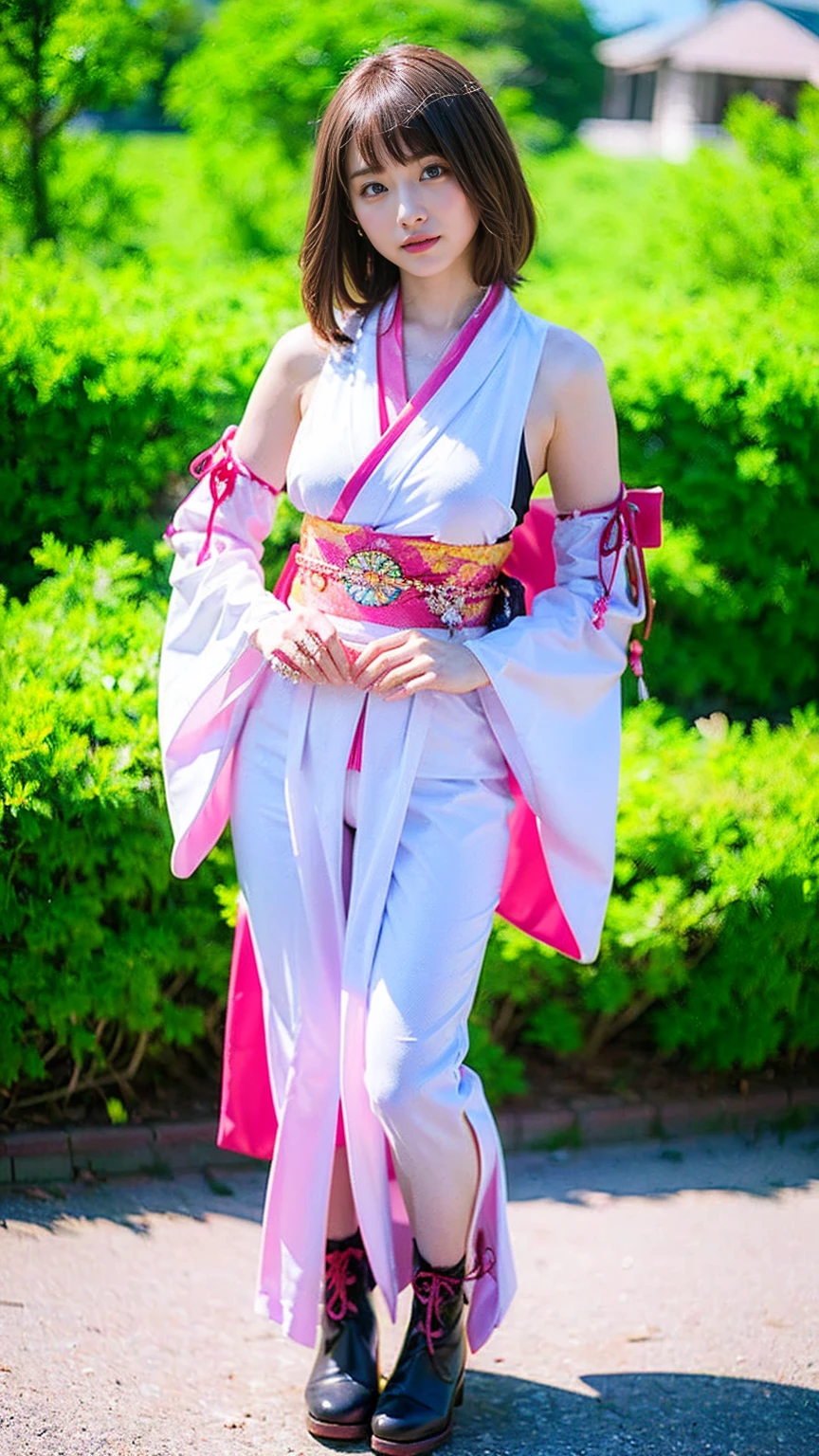 (8k、RAW Photos、Highest quality、masterpiece:1.2)、(Realistic、Realistic)、1 girl、((Long-sleeved kimono、Shoulder visible、 enlargement、boots、ribbon、garden、Thin legs、whole body、View from the front、Looking into the camera、Stand with hands on hips))、cute