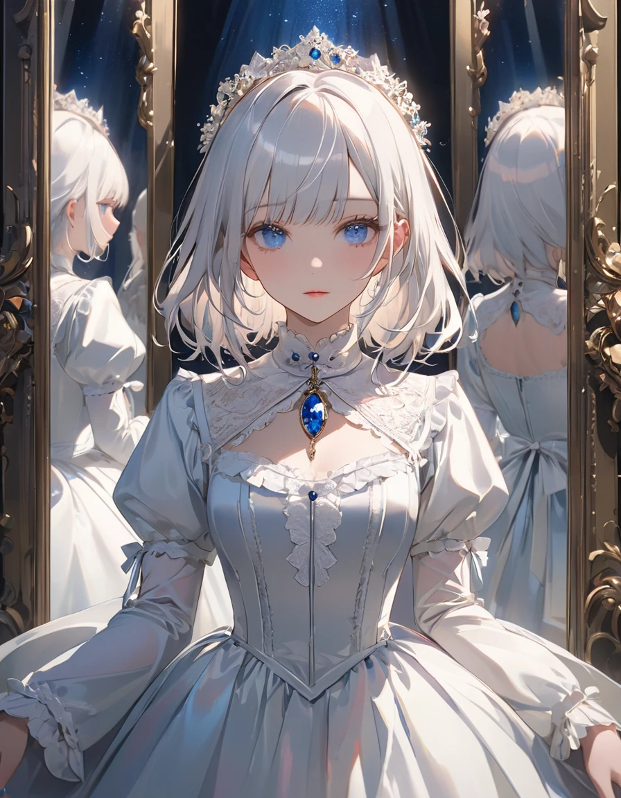 (top-quality),(masterpiece),Delicately drawn face,girl with a pretty face,beautiful detailed blue eyes,white ta fashion,((beautiful detailed white costume)),(Beautiful silky white hair:1.2),pale skin,film lighting,mysterious,illusion,(wide shot),an infinite hall of mirrors,facing yourself in the mirror,a landscape that reflects endlessly,like a kaleidoscope