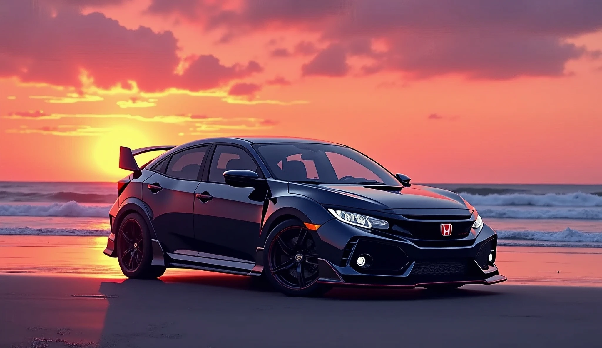 a black Honda Civic FK8R Type R on the beach at sunset, cartoon