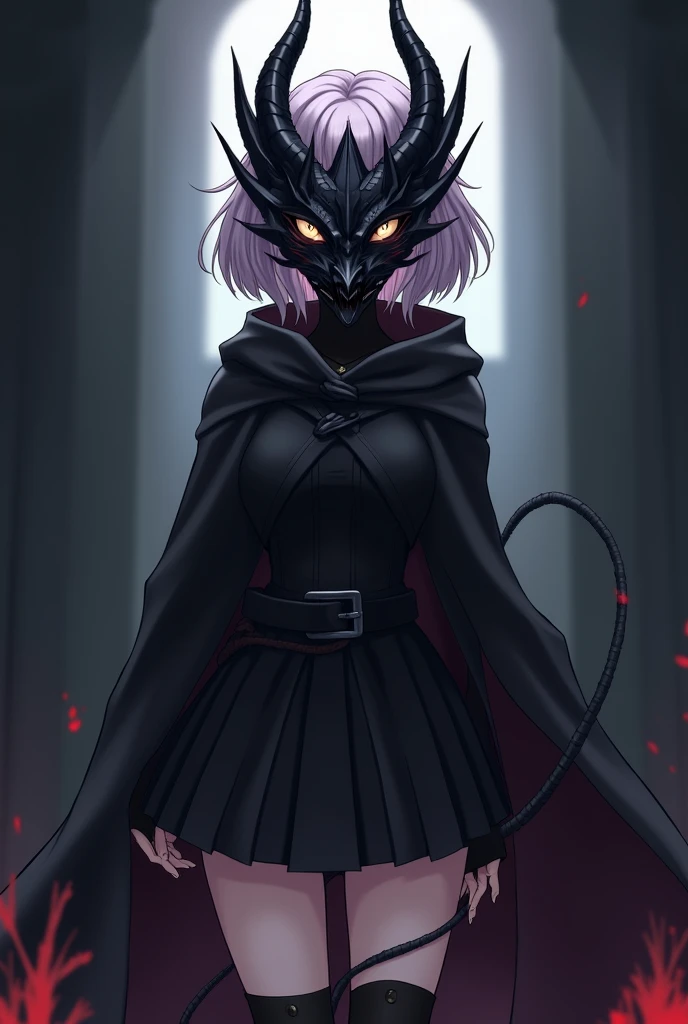 Female, Anime, Short lavender-haired, Faired skin, Black dragon mask fully covering her face, Black jacket, Black skirt, Black boots