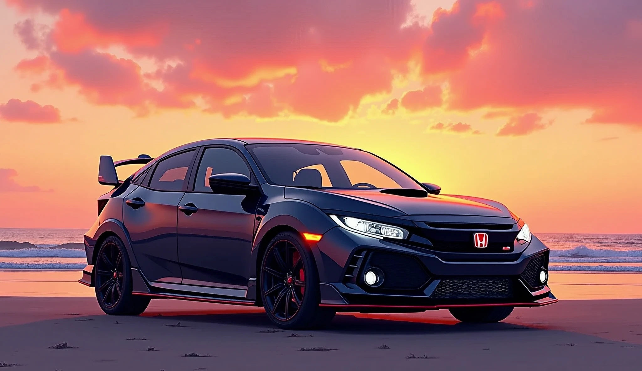 a black Honda Civic FK8R Type R on the beach at sunset, cartoon