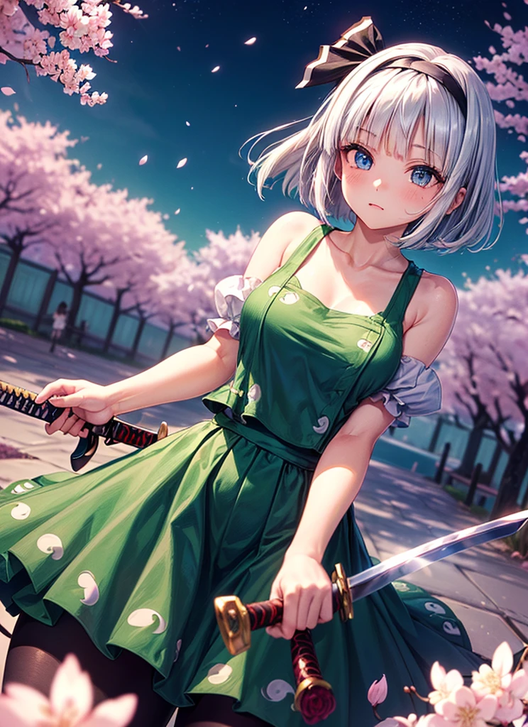 (((masterpiece))),(((Highest quality))),((Very detailed)),(shape),(Dynamic Angle), ((Touhou Project)),(A slim body),((Disheveled Hair)), (((Voluptuous Body))),(((Unleash a sword technique))), ((Girl wearing black tights)), (((View from the front))),((Beautifully detailed body)),((side、Shoulders are exposed)),(((Mysterious and sparkling blue eyes)))Gray Hair, ((Colorful Hair)),((Striped and long hair)), Beautiful attention to detail,(Gradient color eyes),(((Delicate eyes))), (((background))),(((High saturation))),(((Konpaku Youmu))),(((In front of cherry blossoms in the night view))