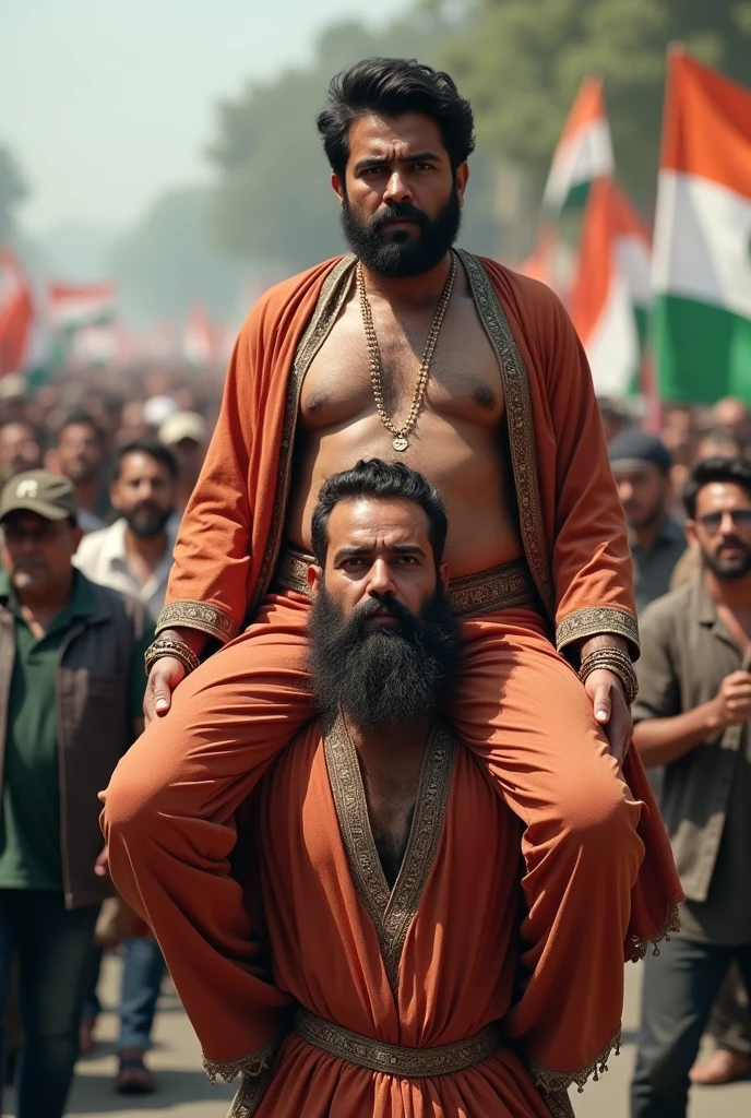 (photorealism:1.2), Pakistani guy wearing tight traditional clothes having thick thighs riding on young guy's shoulders in protest