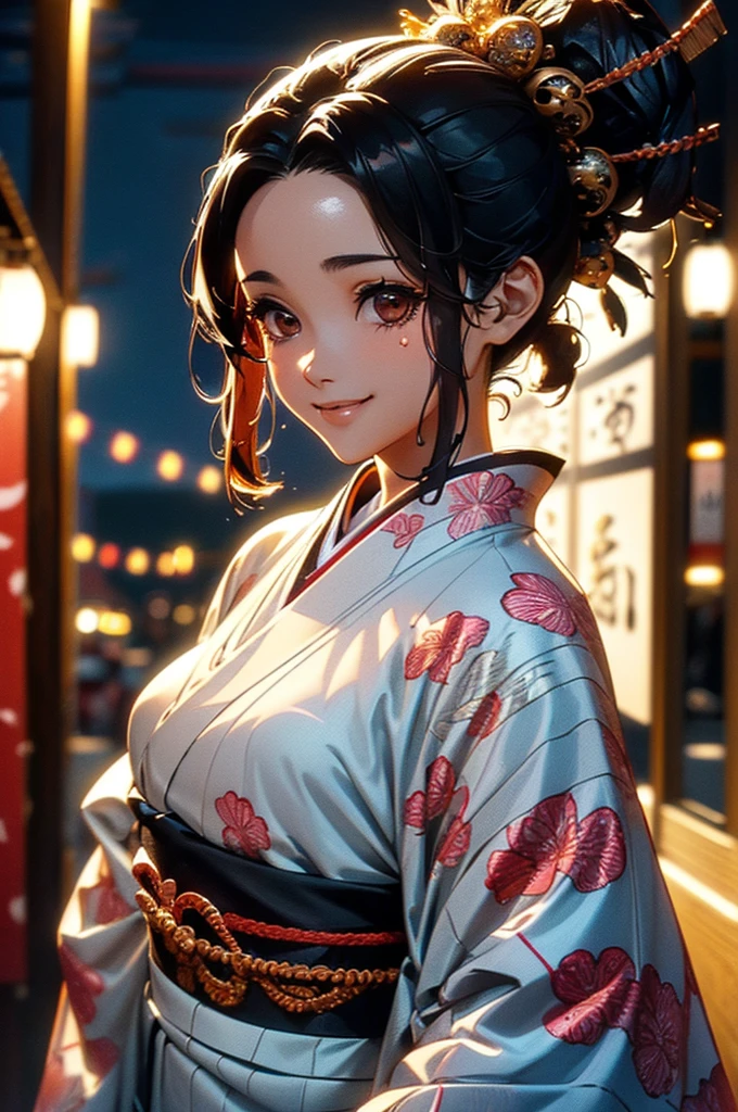 (((beautiful))), (((kimono, yukata, night, Festivals, stall, Perfect figure, full body))), ((Black Hair, parted bangs, forehead, ponytail, hair ornaments, slim)), One Woman, Small breasts, Thin legs, Glowing Skin, Sweat, (((Intricate details))), High resolution, ((Intricate details, Ultra-detailed)), from front, wide shot, (looking at viewer, look at viewer), Red cheeks, smile,