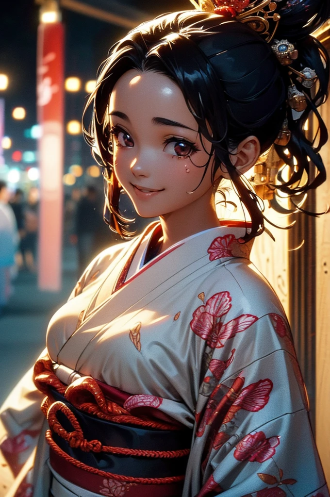 (((beautiful))), (((kimono, yukata, night, Festivals, stall, Perfect figure, full body))), ((Black Hair, parted bangs, forehead, ponytail, hair ornaments, slim)), One Woman, Small breasts, Thin legs, Glowing Skin, Sweat, (((Intricate details))), High resolution, ((Intricate details, Ultra-detailed)), from front, wide shot, (looking at viewer, look at viewer), Red cheeks, smile,