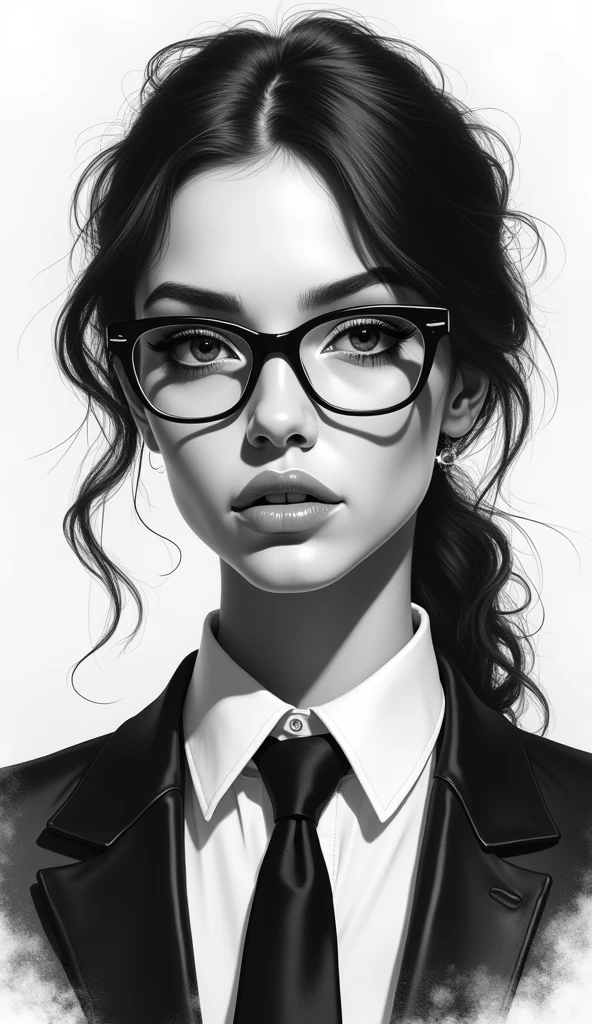a black and white drawing of a woman with glasses and a tie, art of alessandro pautasso, air brush illustration, epic portrait illustration, monochromatic airbrush painting, high quality sketch art, Mr. Károly Lotz, arte vetor preto e branco, high quality sketch, portrait illustration, black and white illustration, digital art with airbrush, epic pencil illustration