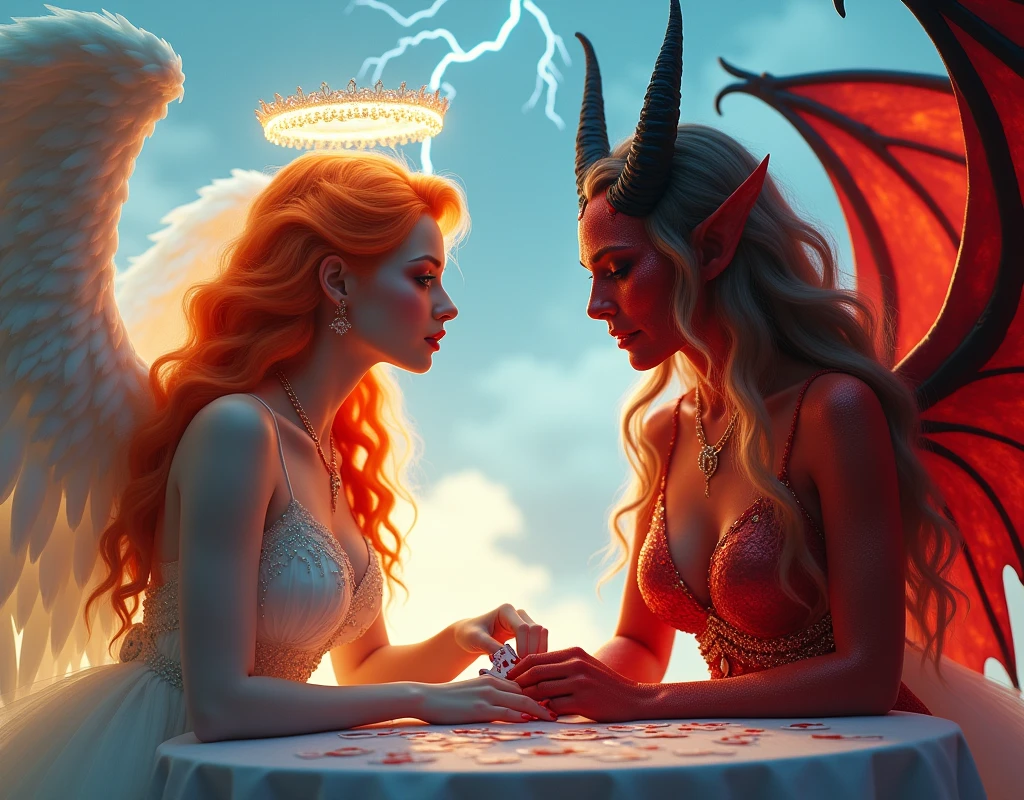 an angel and w demon playing a poker game of cards, a female angel wearing intricate dress glam dress, dynamic color dress, pale skin, best details beautiful face ,dynamic hair color, busty, small cleavage, glowing halo, long  hair, orange hair, wavy hair, white angelic wings, BREAK, a female demon ((red skin: 1.5)), black bat wings, black demon horns, ,dynamic hair color, busty, small cleavage, red eyes, best details beautiful face, wearing a intricate dress glam dress, high heels, sitting and playing poker on a cloud, dynamic lightning, heaven background, vibrant, Ultra-high resolution, High Contrast, (masterpiece:1.5), highest quality, Best aesthetics), best details, best quality, highres, ultra wide angle, 16k, [ultra detailed], masterpiece, best quality, (extremely detailed),