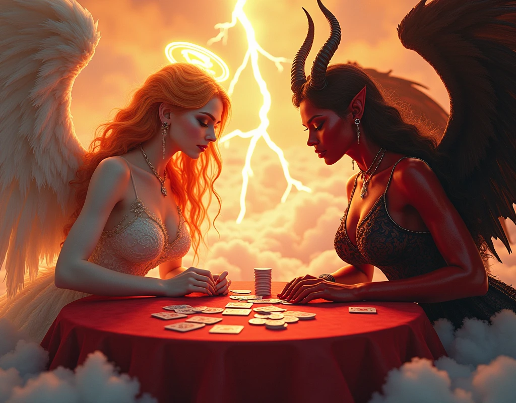 an angel and w demon playing a poker game of cards, a female angel wearing intricate dress glam dress, dynamic color dress, pale skin, best details beautiful face ,dynamic hair color, busty, small cleavage, glowing halo, long  hair, orange hair, wavy hair, white angelic wings, BREAK, a female demon ((red skin: 1.5)), black bat wings, black demon horns, ,dynamic hair color, busty, small cleavage, red eyes, best details beautiful face, wearing a intricate dress glam dress, high heels, sitting and playing poker on a cloud, dynamic lightning, heaven background, vibrant, Ultra-high resolution, High Contrast, (masterpiece:1.5), highest quality, Best aesthetics), best details, best quality, highres, ultra wide angle, 16k, [ultra detailed], masterpiece, best quality, (extremely detailed),