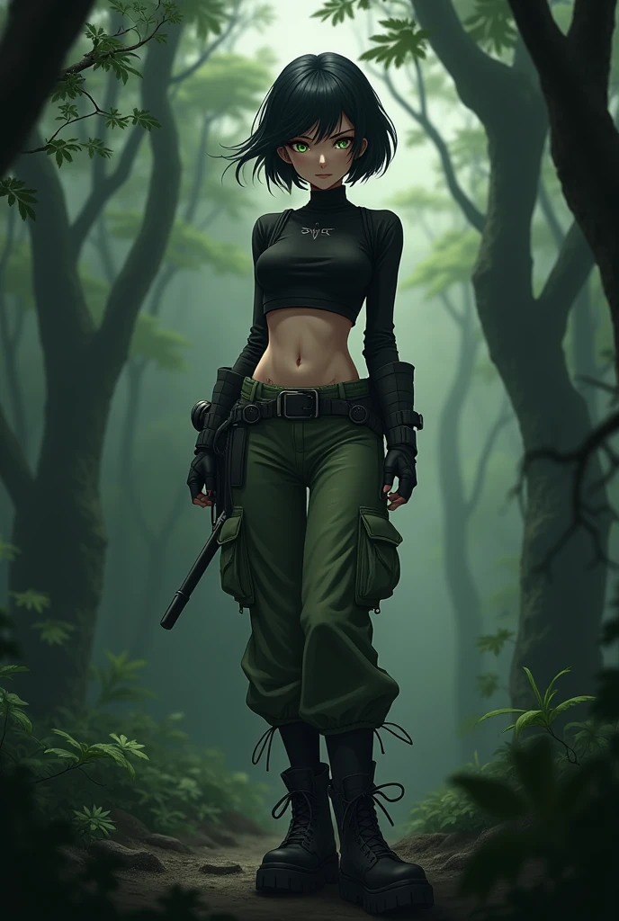 Anime girl, short black hair, jellyfish hair-cut, olive-green eyes, black tight fitting crop-top, olive-green parachute pants, black combat boots, dark forest background
