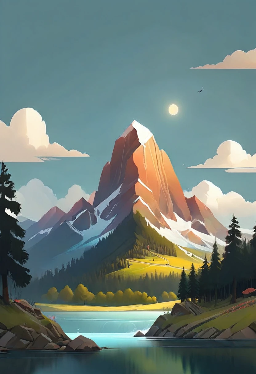 impressive painting of a mountain with trees and water, a detailed painting by Petros Afshar, shutterstock contest winner, environmental art, detailed painting, outlined art, 2d game art, isolated background for logo, strong contours, logo design
