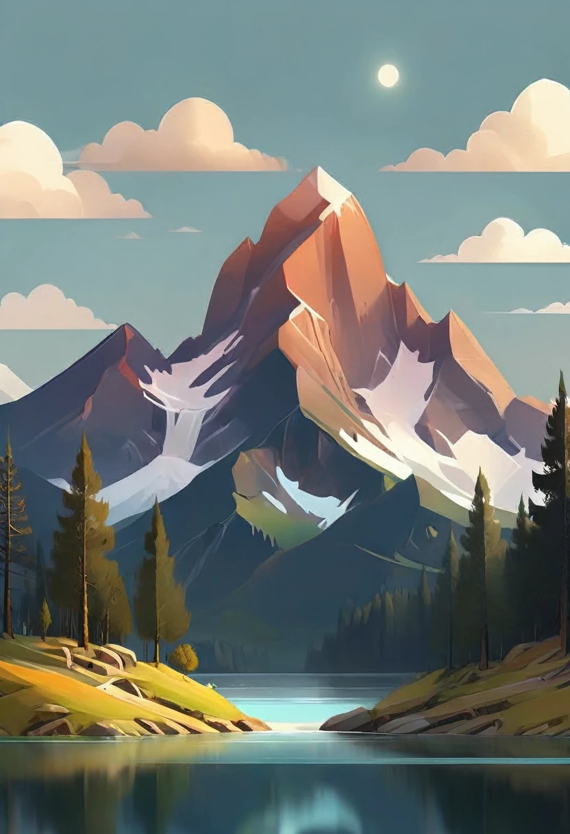 impressive painting of a mountain with trees and water, a detailed painting by Petros Afshar, shutterstock contest winner, environmental art, detailed painting, outlined art, 2d game art, isolated background for logo, strong contours, logo design