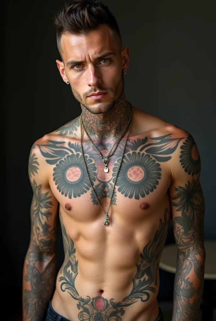a shirtless punk man with tattoos, inspired by Machine Gun Kelly, and several piercings on the body.