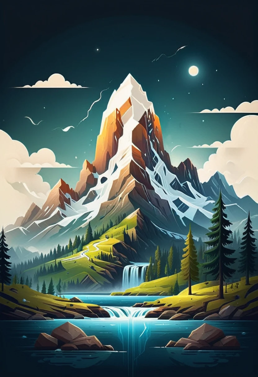 impressive painting of a mountain with trees and water, a detailed painting by Petros Afshar, shutterstock contest winner, environmental art, detailed painting, outlined art, 2d game art, isolated background for logo, strong contours, logo design