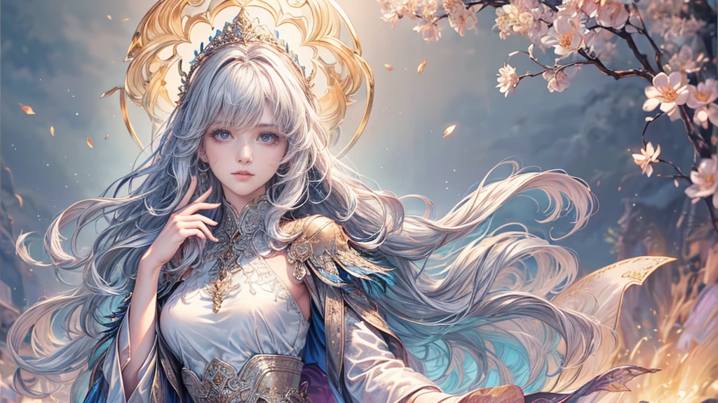 (Highest quality,8k,CG,Beautiful details upper body,lonely,Thumb Girl,Sheer palace dress,Floral Background,Complex facial features,Long flowing hair,Almond-shaped eyes,Exquisite eye makeup,Long, fluttering eyelashes,Big, bright eyes,Starry sky,Elegant lip detail,gentle style)