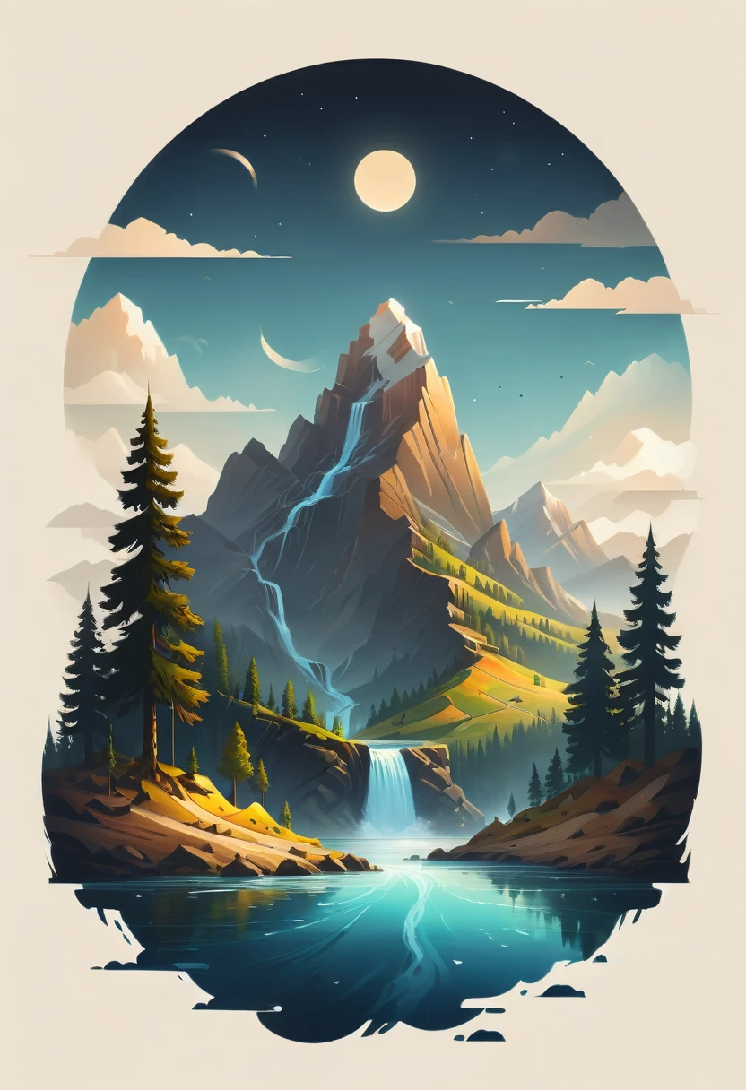 impressive painting of a mountain with trees and water, a detailed painting by Petros Afshar, shutterstock contest winner, environmental art, detailed painting, outlined art, 2d game art, isolated background for logo, strong contours, logo design