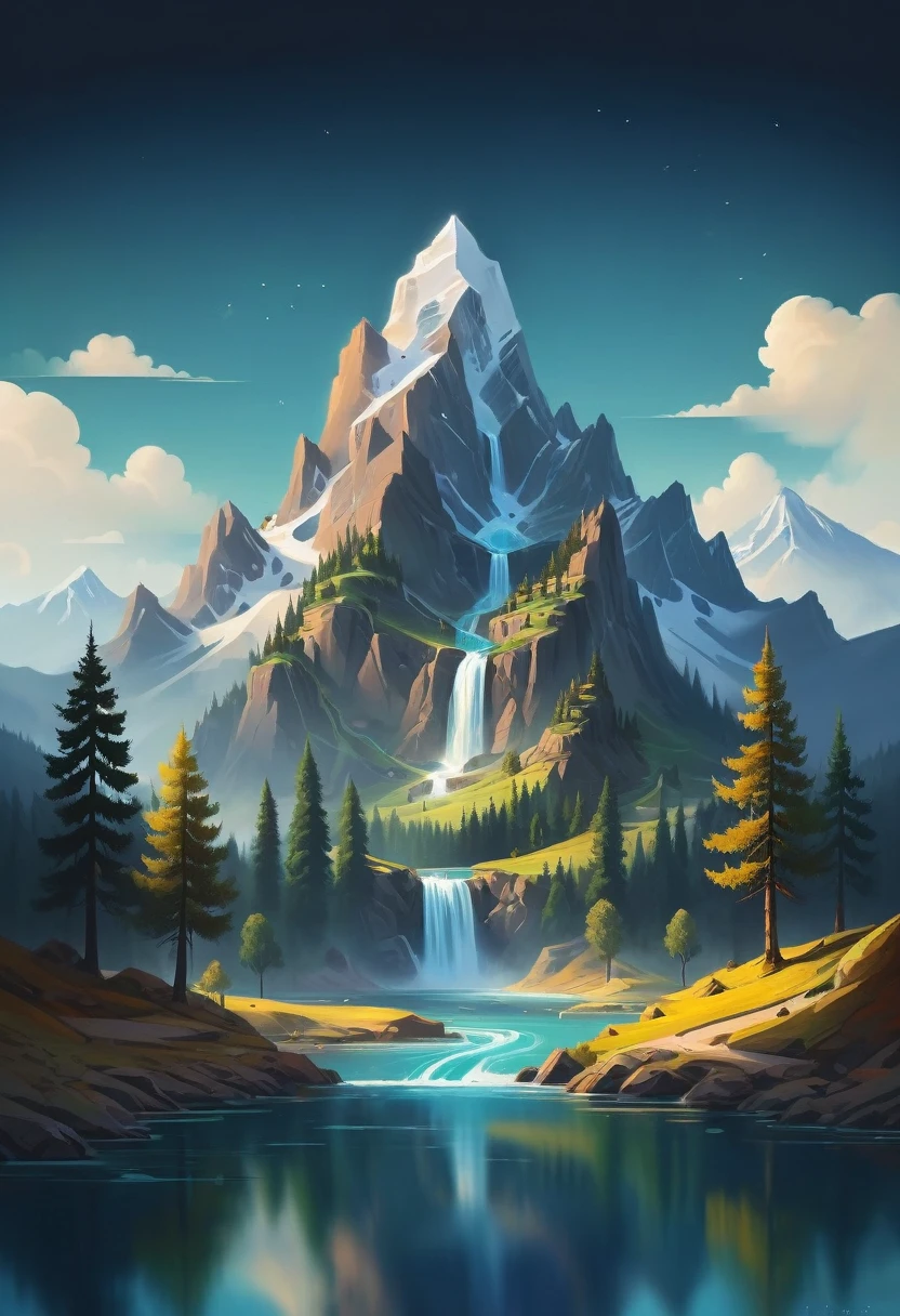 impressive painting of a mountain with trees and water, a detailed painting by Petros Afshar, shutterstock contest winner, environmental art, detailed painting, outlined art, 2d game art, isolated background for logo, strong contours, logo design