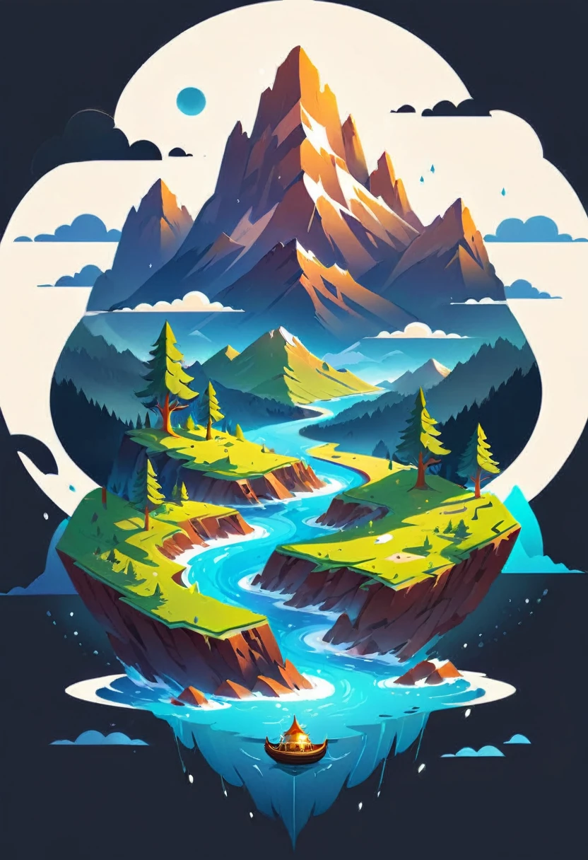 impressive painting of a mountain with trees and water, a detailed painting by Petros Afshar, shutterstock contest winner, environmental art, detailed painting, outlined art, 2d game art, isolated background for logo, strong contours, logo design
