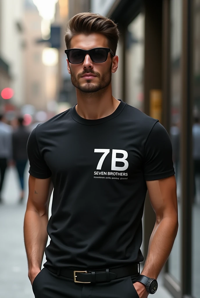 Man wearing t-shirts luxury brand 7B MUST COME ON left side on chest TAG LINE SEVEN BROTHERS