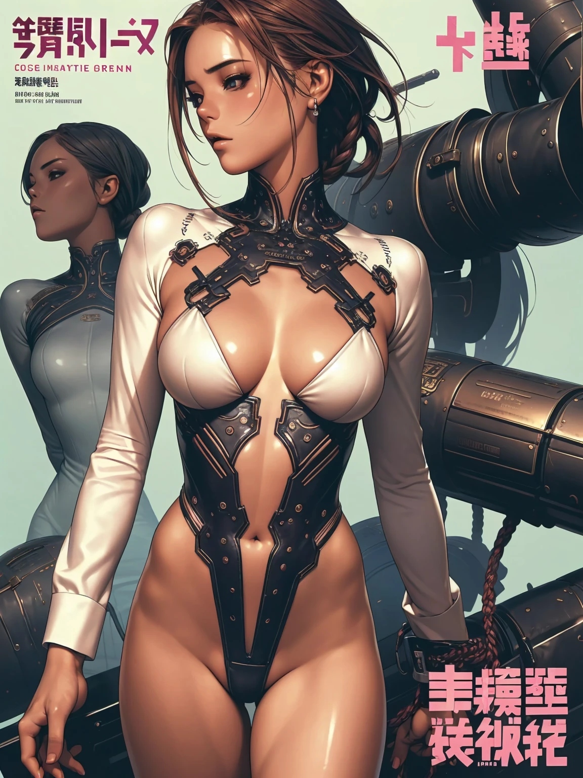 (((best final quality))), ssmile(((standing alone:1.2))),(((1 girl:1.2))),((((beautiful perfect woman)))),(((perfectbody detalhado, perfect finger detailed))),((((((final film poster)))))),(((to burst, close up))),((((detailed complicated machine)))),(((((mechanical genius))))),(((American comics))),(((extreme highlights))),(((extremely colorful, primary colours))),neckleace, super beautiful lady,(((Typography))),text, (Unbeatable masterpiece), (hiper HD),(CG 8k hyper-realistic), (((brave face))), (((breasts big))), (((hyper feminine))), (((musclegirl))), sexly girl, king of fighter,(straight hair with thin braids)), ((( sculptural body ))), (((1 girl))), garota de 25 anos com perfectbody,,Beautiful and well-groomed face,muscular body:1.2,solid color detailed jacket, (Head to thigh photos), Complex equipment, (((standing alone))), pirralha violent, ((())), sexly, pose de atitude, work of art, post-apocalypse, (((manga style))), bounty hunter, violent, Manic, the way you want, slenderbody, thin but strong, perfectbody, roupa moderna, advanced technology, neon, sleeves with vertical striped pattern, intricate background, (( cowboy shot )). intricate visual