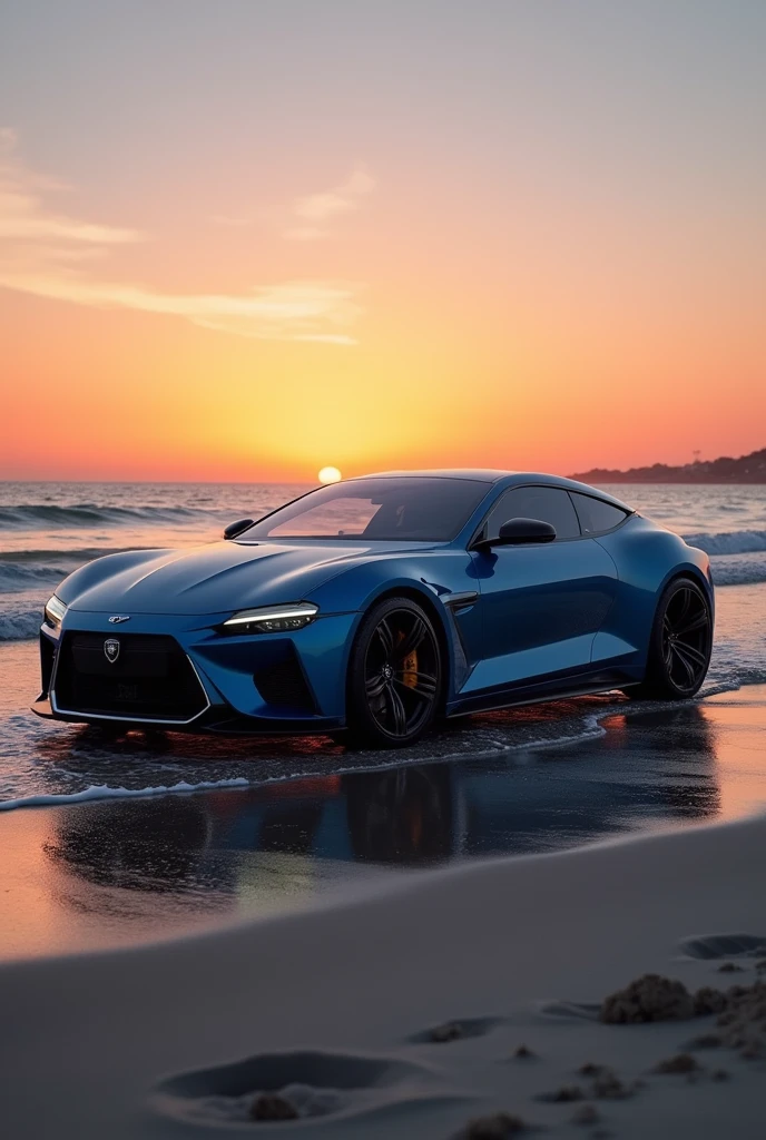 a navy blue Proton X90 on the beach at sunset, detail and realistic