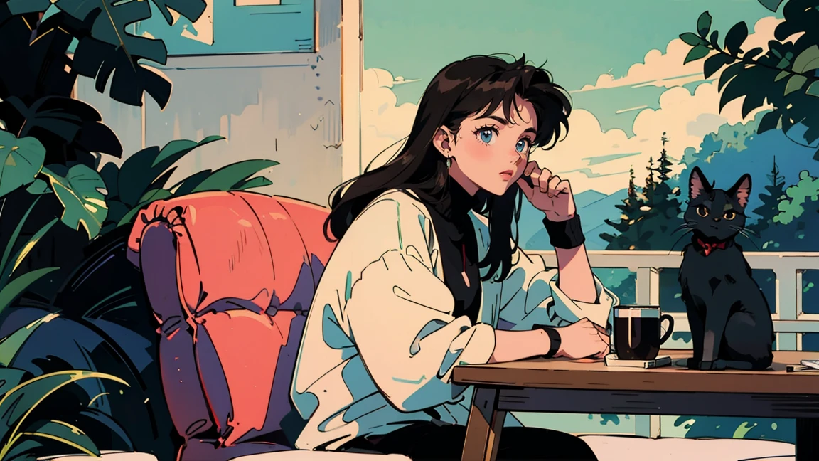 Highest quality, 8k, 1990s style,Hairstyles of the 2010s, 15-year-old girl, Black Hair, Long Hair, Light brown eyes, countryside, pants ,morning, I am studying, whole body, Relax Coffee,table,making,look at me, Black cat
