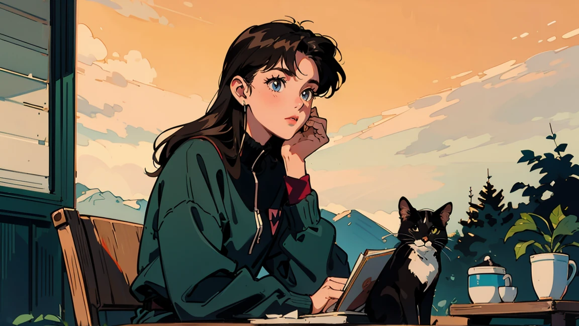 Highest quality, 8k, 1990s style,Hairstyles of the 2010s, 15-year-old girl, Black Hair, Long Hair, Light brown eyes, countryside, pants ,morning, I am studying, whole body, Relax Coffee,table,making,look at me, Black cat