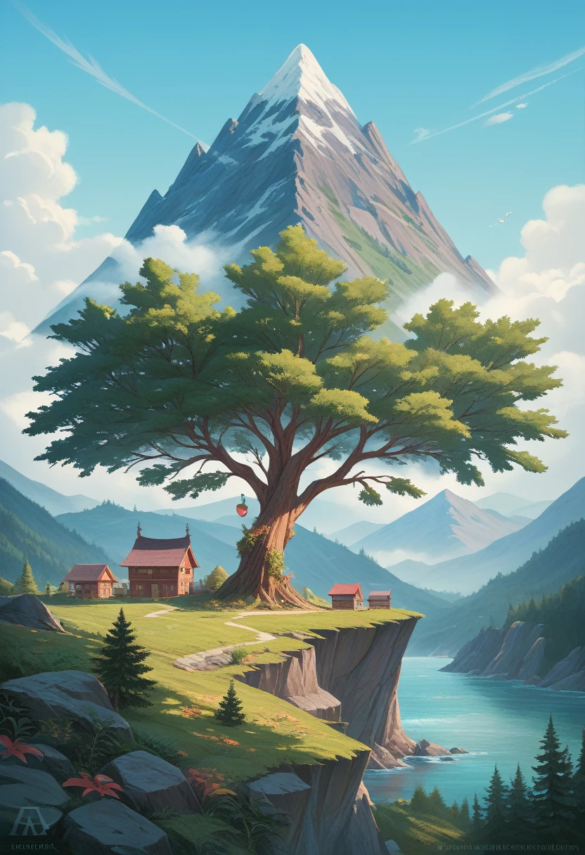 impressive painting of a mountain with trees and water, a detailed painting by Petros Afshar, shutterstock contest winner, environmental art, detailed painting, outlined art, 2d game art, isolated background for logo, strong contours, logo design