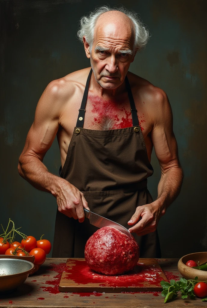 a grandfather cook, naked, in an apron, covered in blood, cutting off the head of a naked woman and cooking it.