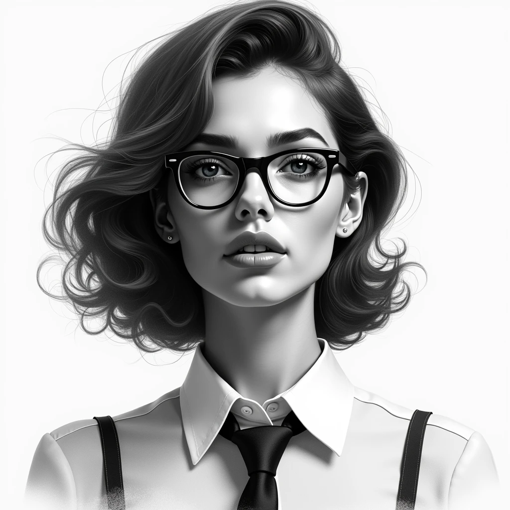 a black and white drawing of a woman with glasses and a tie, art of alessandro pautasso, air brush illustration, epic portrait illustration, monochromatic airbrush painting, high quality sketch art, Mr. Károly Lotz, arte vetor preto e branco, high quality sketch, portrait illustration, black and white illustration, digital art with airbrush, epic pencil illustration