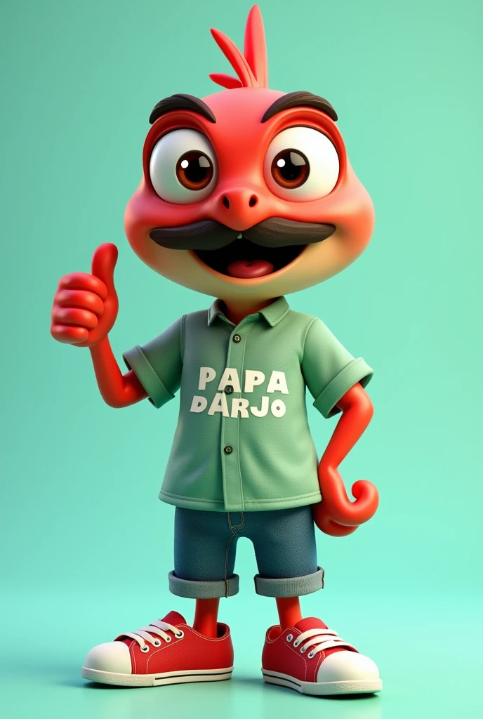Create an 4D realistic animated character named [Darjo], designed to be the iconic mascot for Sidoarjo, in the style of cartoon pixar movie animation. [Darjo] is a 40 yo charming cute shrimp with a unique twist and has a moustace —he has human-like arms and legs. His large, round brown eyes are full of energy and friendliness, inviting everyone to engage with him. Darjo wears a light green muslim shirt with the name "PAPA DARJO" proudly displayed across the chest, paired with sarong traditional sarong that show off his quirky style. His feet are clad in bright red canvas sandals, adding a playful and youthful vibe to his appearance.  The overall design should exude warmth, approachability, and a sense of pride in representing the vibrant city of Sidoarjo. A cheerful cartoon Darjo character with pose  stands in a dynamic pose, giving a thumbs-up with one hand while its legs are clad in rolled-up denim pants and red sneakers. The background is a soft turquoise, enhancing the lively and playful vibe of the character.