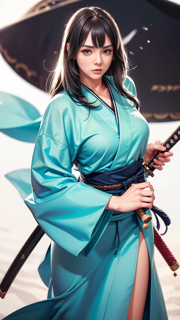 Cowboy Shot、((White Background))、One Woman、Very beautiful woman、Thin eyebrows、Round face、Watery eye、(warrior:1.2)、(Detailed face)、Realistic Skin、((Delicate photo)),(Girl Astepeace RAW Photo Details:1.2), Highest quality, Ultra-high resolution, Realistic:1.5, 8k resolution, Absurd, Very detailed,Cinema Lighting,(Sengoku period)、((Long hair with bangs))、((A Japanese sword too long to fit on screen))、(Gripping the handle of a Japanese sword with one hand:1.3)、In combat、The wind is blowing、kimono, Draw a Japanese sword from its sheath in one go, (艶のある紫色のkimono) 、(Black Hakama), (Holding the scabbard of a Japanese sword with one hand:1.3) ,Shining blade close up
