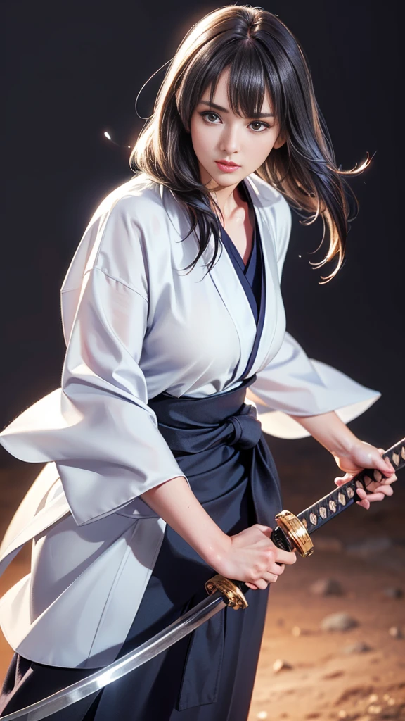 Cowboy Shot、((White Background))、One Woman、Very beautiful woman、Thin eyebrows、Round face、Watery eye、(warrior:1.2)、(Detailed face)、Realistic Skin、((Delicate photo))，(Girl Astepeace RAW Photo Details:1.2), Highest quality, Ultra-high resolution, Realistic:1.5, 8k resolution, Absurd, Very detailed,Cinema Lighting,(Sengoku period)、((Long hair with bangs))、((A Japanese sword too long to fit on screen))、(Gripping the handle of a Japanese sword with one hand：1.3)、In combat、The wind is blowing、kimono, Draw a Japanese sword from its sheath in one go, (艶のある紫色のkimono) 、(Black Hakama), (Holding the scabbard of a Japanese sword with one hand:1.3) ,Shining blade close up