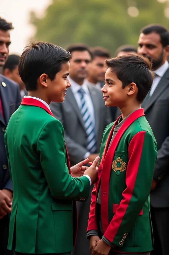 12 year boy with the suit of green and red colour and written Osaid on it meeting imran khan the prime minister of pakistan