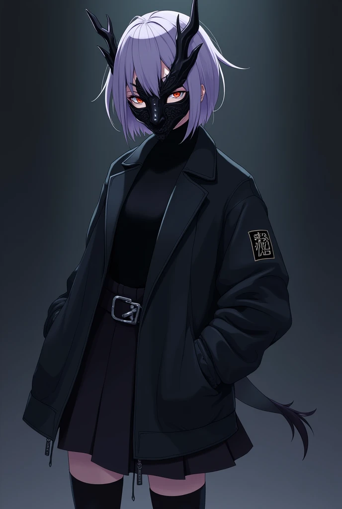 Female, Anime, Short lavender-haired, Faired skin, Black dragon mask fully covering her face, Black jacket, Black skirt, Black boots