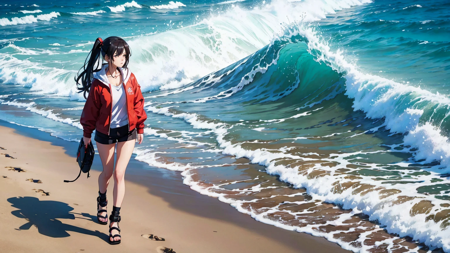masterpiece、high resolution 8k、NSFW、sharp focus, anime girl wear headphone, walking on the beach with a red jacket, anime full body illustration, standing at the beach, kantai collection style, high quality anime artstyle, dressed with long fluent clothes, anime visual of a cute girl, cute girl wearing tank suit, anime girl walking on water, standing near the beach, full body portrait of a short!, at a beach