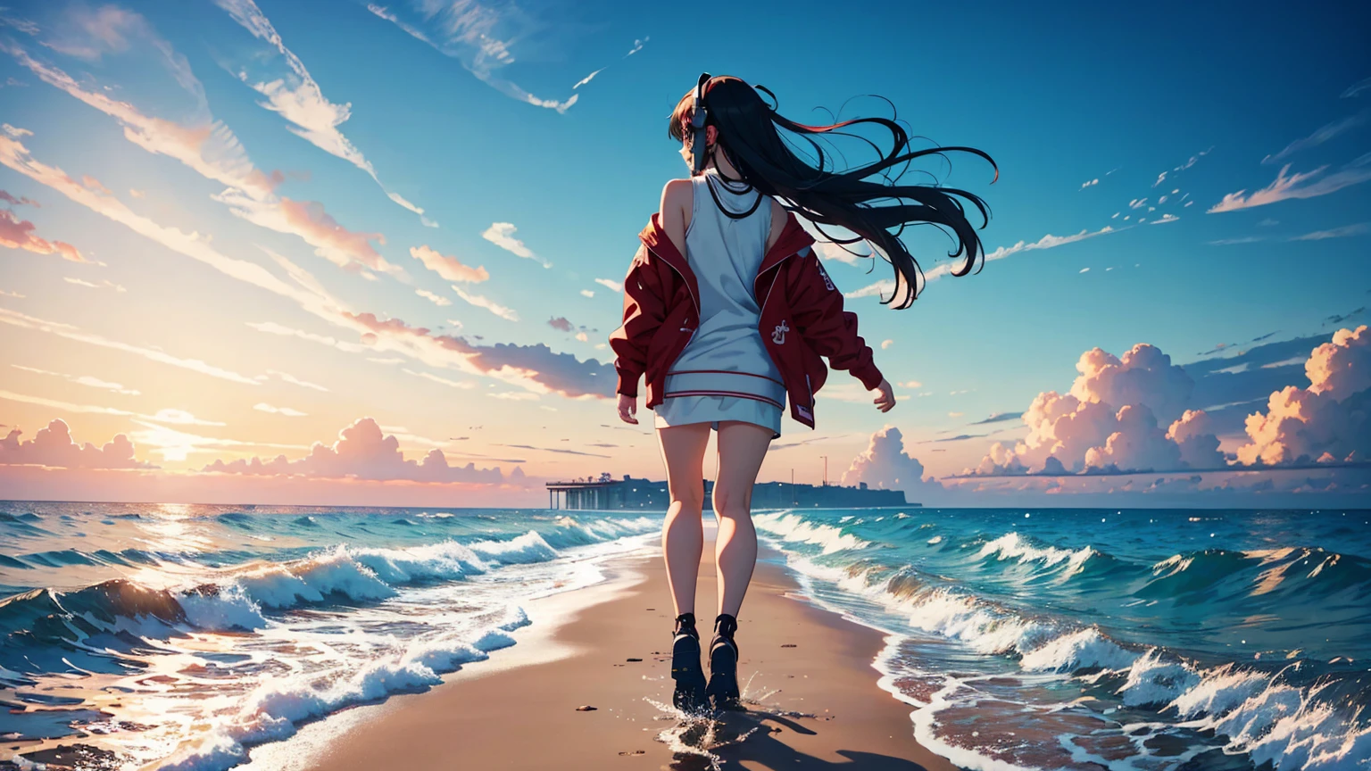 masterpiece、high resolution 8k、NSFW、sharp focus, anime girl wear headphone, walking on the beach with a red jacket, anime full body illustration, standing at the beach, kantai collection style, high quality anime artstyle, dressed with long fluent clothes, anime visual of a cute girl, cute girl wearing tank suit, anime girl walking on water, standing near the beach, full body portrait of a short!, at a beach