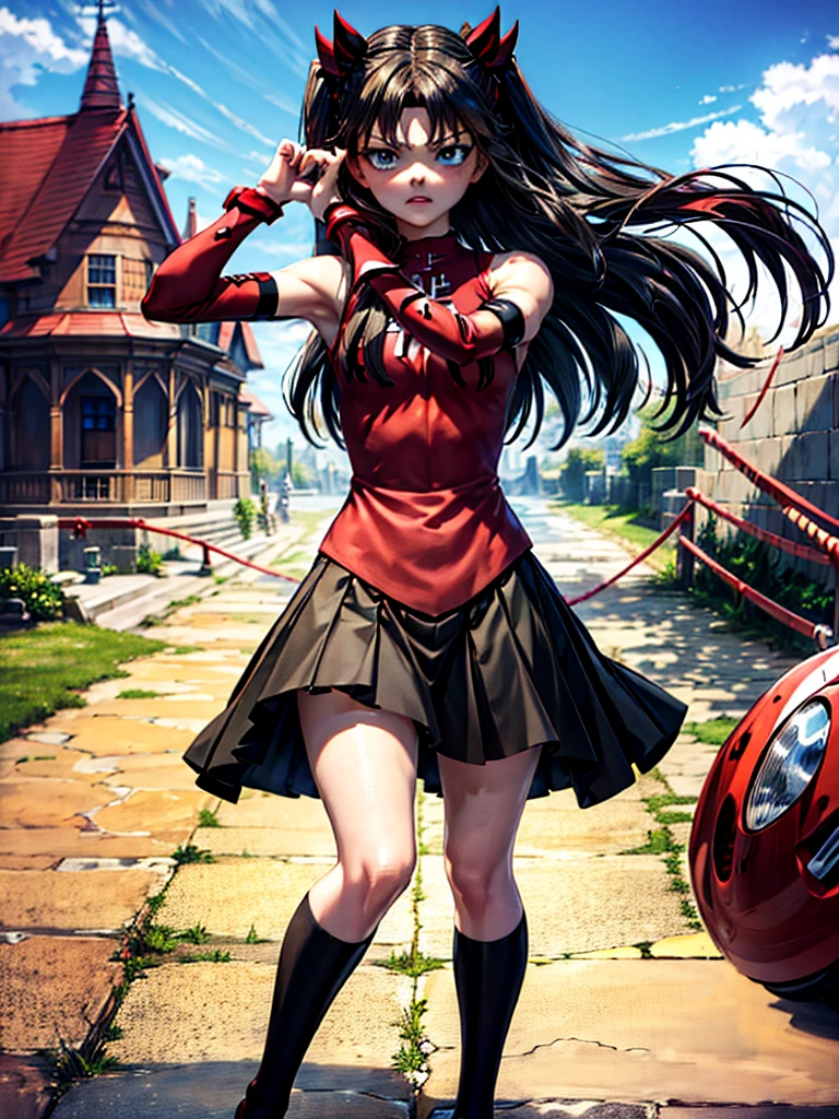 Rin Tohsaka, she is standing looking at the viewer playing with a lock of her hair, your face flushed very excited, fully body, work of art, top quality picture, super resolution, High definition, 4K, full hd, well defined and detailed image in the smallest details 