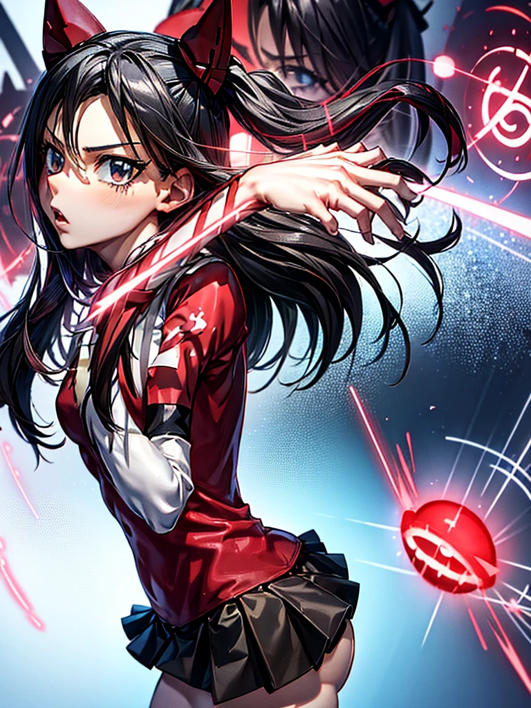 Rin Tohsaka, she is standing looking at the viewer playing with a lock of her hair, your face flushed very excited, fully body, work of art, top quality picture, super resolution, High definition, 4K, full hd, well defined and detailed image in the smallest details 