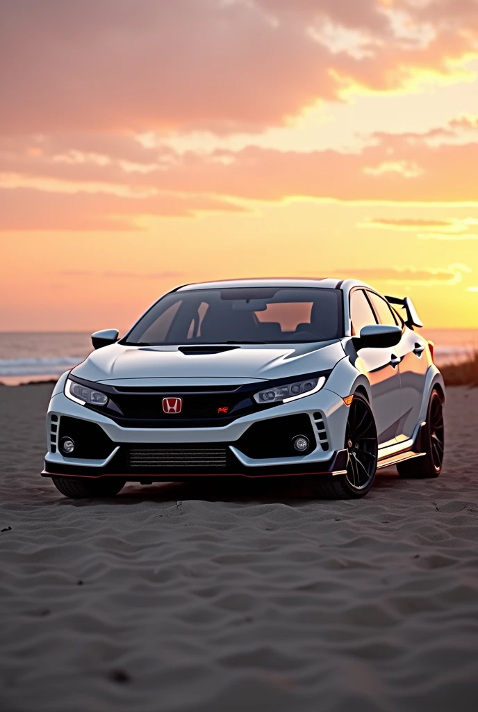a white Honda Civic FK8R Type R on the beach at sunset, detail and realistic