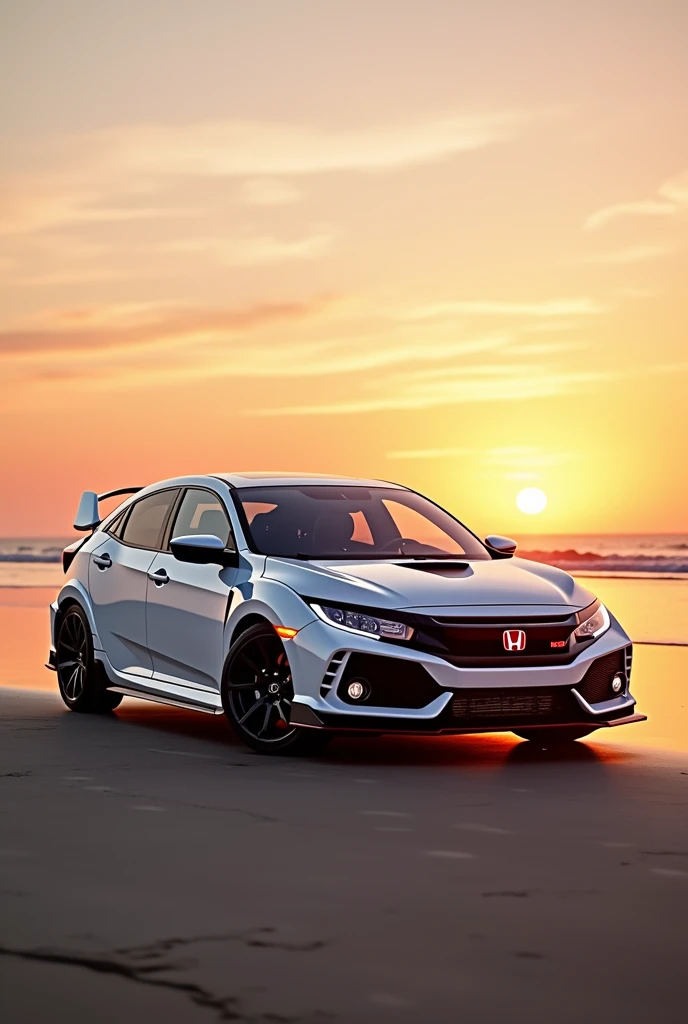 a white Honda Civic FK8R Type R on the beach at sunset, detail and realistic
