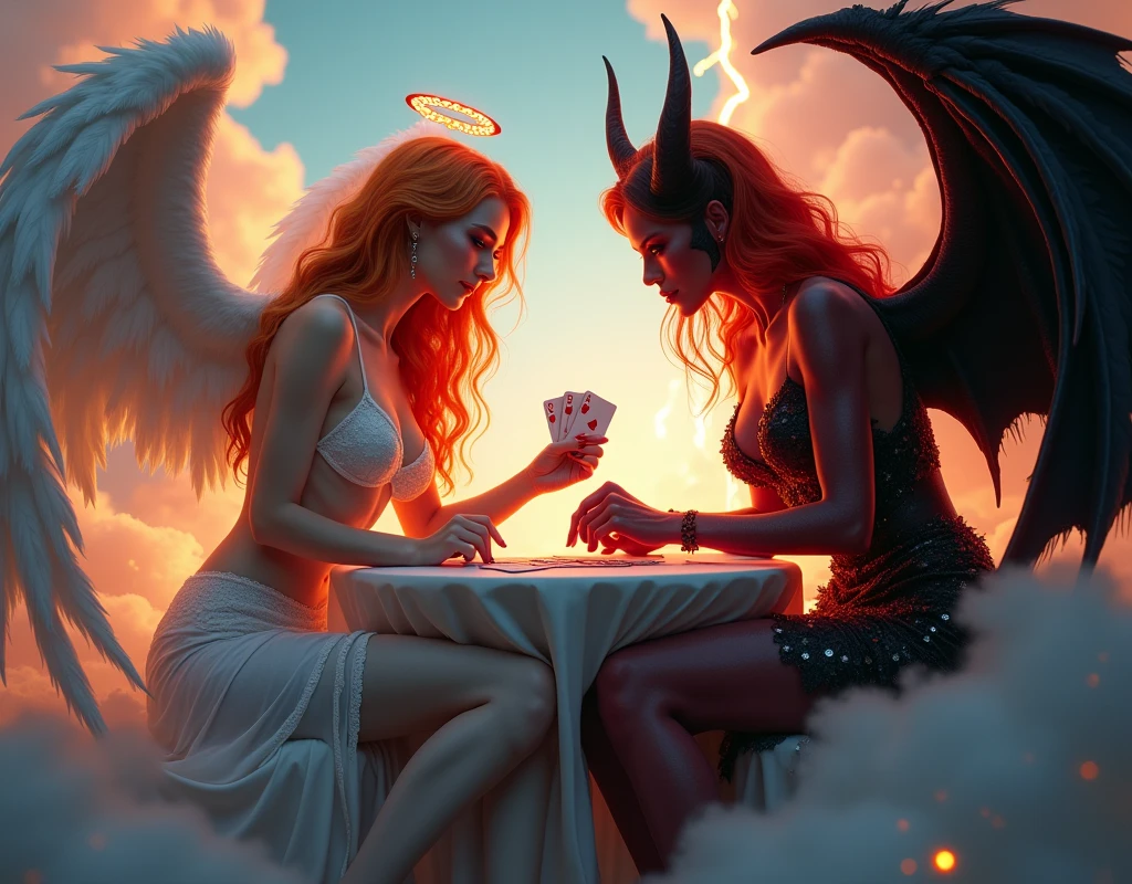 an angel and w demon playing a poker game of cards, a female angel wearing tight sexy dress, white stockongs, high heels,  glam dress, dynamic color dress, pale skin, best details beautiful face ,dynamic hair color, busty, small cleavage, glowing halo, long  hair, orange hair, wavy hair, white angelic wings, BREAK, a female demon ((red skin: 1.5)), (black bat wings: 1.2), black demon horns, ,dynamic hair color, busty, small cleavage, red eyes, best details beautiful face, wearing a intricate dress glam dress, high heels, sitting and playing poker on a cloud, dynamic lightning, heaven background, vibrant, Ultra-high resolution, High Contrast, (masterpiece:1.5), highest quality, Best aesthetics), best details, best quality, highres, ultra wide angle, 16k, [ultra detailed], masterpiece, best quality, (extremely detailed),