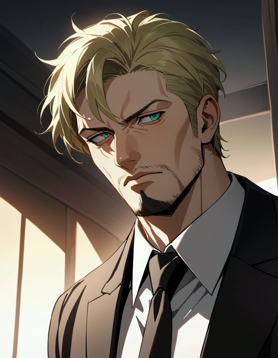 1man, man in black, vigorous mature, business hair with asymmetrical bangs, goatee, green platina blond hair, emerald eyes, BREAK 40yo, charming caucasian, slightly long chiseled face, deep set, angular jaw, facial wrinkles, crewcut, BREAK ideal ratio body proportions, middle weight muscular, beautiful detailed eyes, dark hero, best eyes, BREAK solo, funeral black suit, black necktie, white shirt, at wall street, detailed background, serious, cool expression, natural standing, BREAK upperlegs, dramatic expression, in persona style, masculine comic art, 2010s, retro visual novel, in newest eroge style, dutch angle, cinematic shadows, cinematic lighting, lens flare, light leaks, texture, absurdres absolutely resolution, extreme all detailed, greatest painting, BREAK masterpiece, best quality, BREAK score_9, score_8_up, score_7_up, source_anime, rating_safe, score_6_up, score_5_up, score_4_up