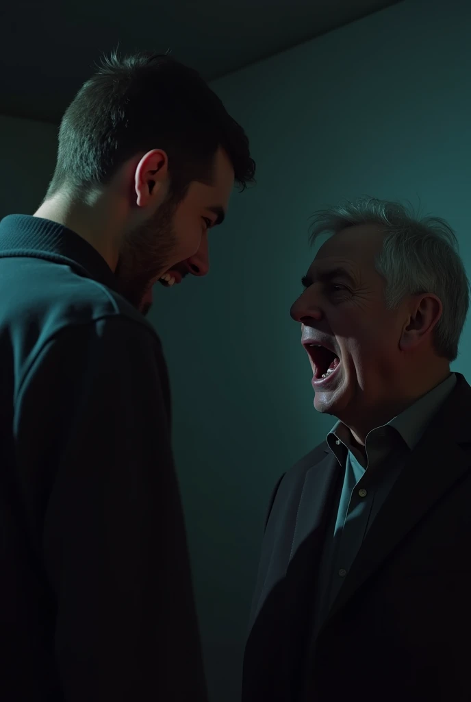 
a adult man shouting on an old man in dark room