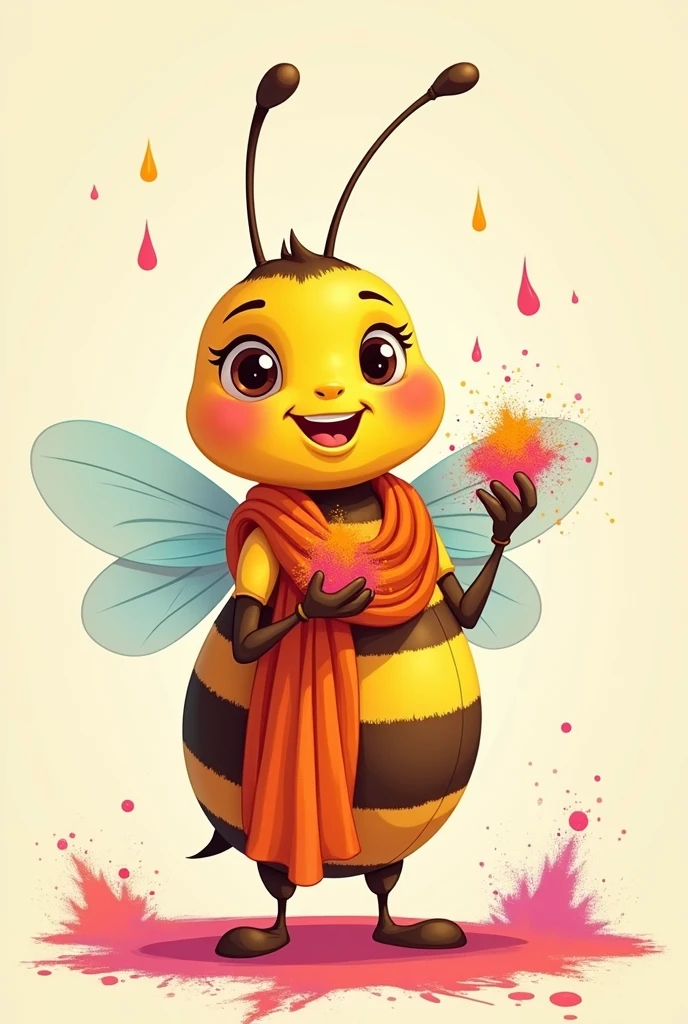 Cartoon of a bee in simple Hindu clothing in 2D, not so much detail, maintaining the insect features, happy and with gulal powder in his hands