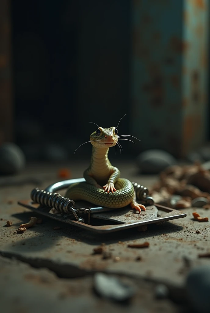 A baby snake getting trapped into a rat trapping mechani