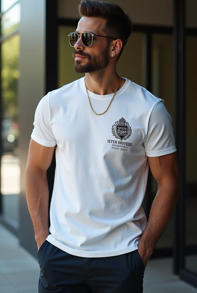 Man wearing t-shirts luxury brand 7B MUST COME ON left side on chest small logo TAG LINE SEVEN BROTHERS