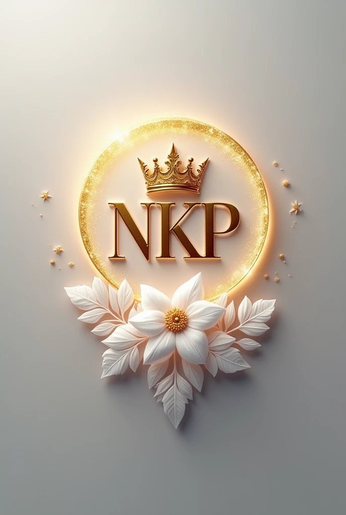 Create an image of an elegant logo featuring the name "NKP" in bold, stylish typography. The design should include a golden crown perched above the text, surrounded by a shimmering golden circular glow. Incorporate delicate floral elements and soft, white leaves at the base, enhancing the luxurious feel. The background should be a subtle gray gradient to emphasize the richness of the gold and white elements, with a sprinkle of sparkling effects for added elegance. Aim for a high-definition, polished look reminiscent of premium branding.