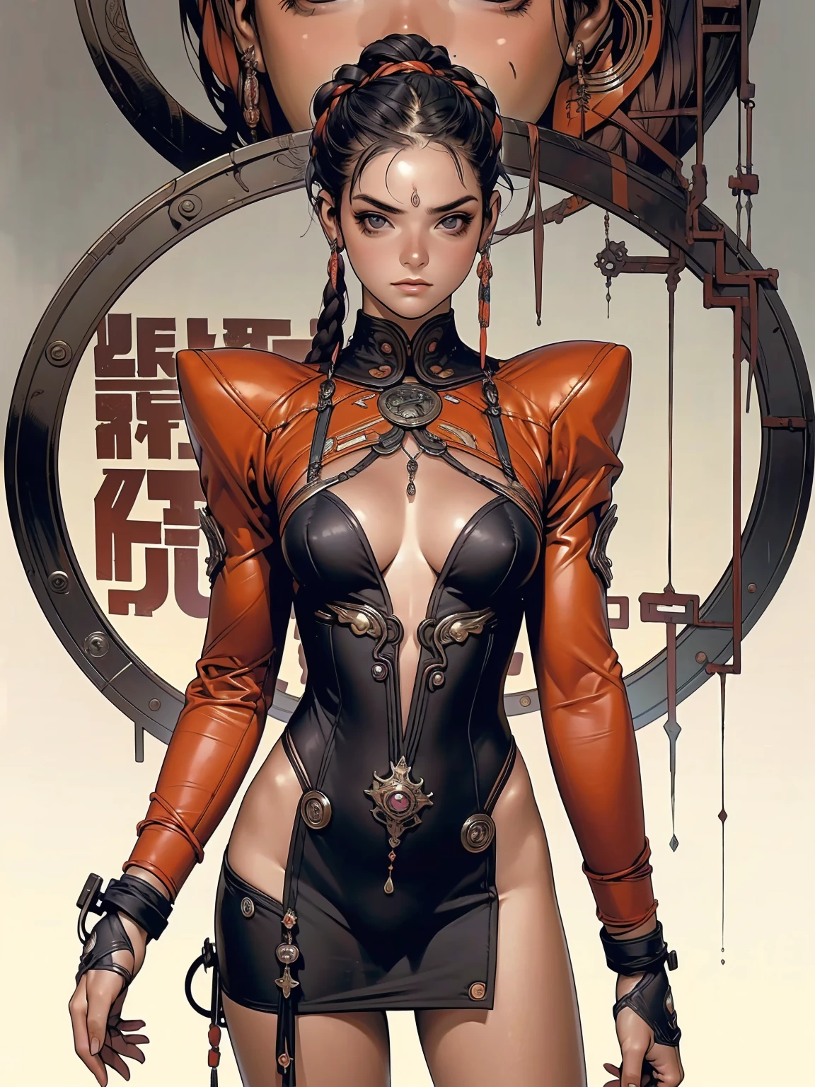 (((best final quality))), ssmile(((standing alone:1.2))),(((1 girl:1.2))),((((beautiful perfect woman)))),(((perfectbody detalhado, perfect finger detailed))),((((((final film poster)))))),(((to burst, close up))),((((detailed complicated machine)))),(((((mechanical genius))))),(((American comics))),(((extreme highlights))),(((extremely colorful, primary colours))),neckleace, super beautiful lady,(((Typography))),text, (Unbeatable masterpiece), (hiper HD),(CG 8k hyper-realistic), (((brave face))), (((breasts big))), (((hyper feminine))), (((musclegirl))), sexly girl, king of fighter,(straight hair with thin braids)), ((( sculptural body ))), (((1 girl))), garota de 25 anos com perfectbody,,Beautiful and well-groomed face,muscular body:1.2,solid color detailed jacket, (Head to thigh photos), Complex equipment, (((standing alone))), pirralha violent, ((())), sexly, pose de atitude, work of art, post-apocalypse, (((manga style))), bounty hunter, violent, Manic, the way you want, slenderbody, thin but strong, perfectbody, roupa moderna, advanced technology, neon, sleeves with vertical striped pattern, intricate background, (( cowboy shot )). intricate visual