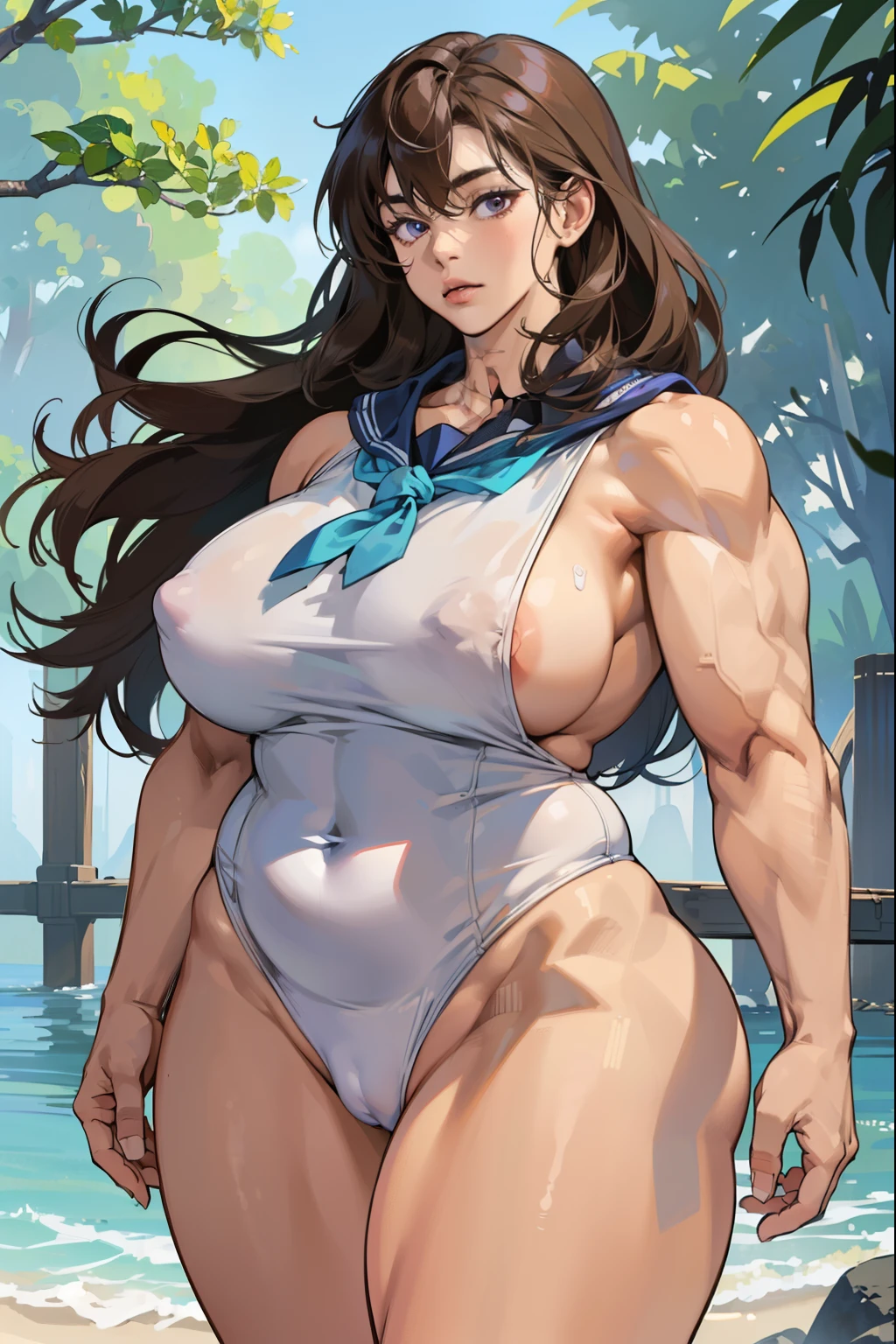 (((((Brown skinned woman, Muscular))))), ((thick thighs, 非常にLarge Breasts,、Strong Body、), Black long hair、 alone, Glowing Skin, it was foggy, ,Bridge pier, Bristles,Are standing、Big body women、naked,Strong Body、pubic hair,Muscular in the forest,Composition from the front,Muscular and wide hips,Muscular and wide torso,Muscularの, Widebody,thick, Muscularの腕,thick, Muscularの脚,Muscular and broad shoulders,bodybuilder,nakedの美しい女性,Large Breasts,long, saggy breasts,,Deep purple eyes,Woman with beautiful face,Expressionless,,,Strong Woman,Right in front of the viewer,,Muscular女性,Big body and broad shoulders,thick Women,naked,sexy,Stand in front,全naked,正面にAre standing女性,全naked,A woman standing directly in front,真っ直ぐにAre standing,Masculine woman,全naked,Fat woman,Fleshy ladies,Plump woman,Chubby woman,,Sailor suit in small size、Black Skin Woman