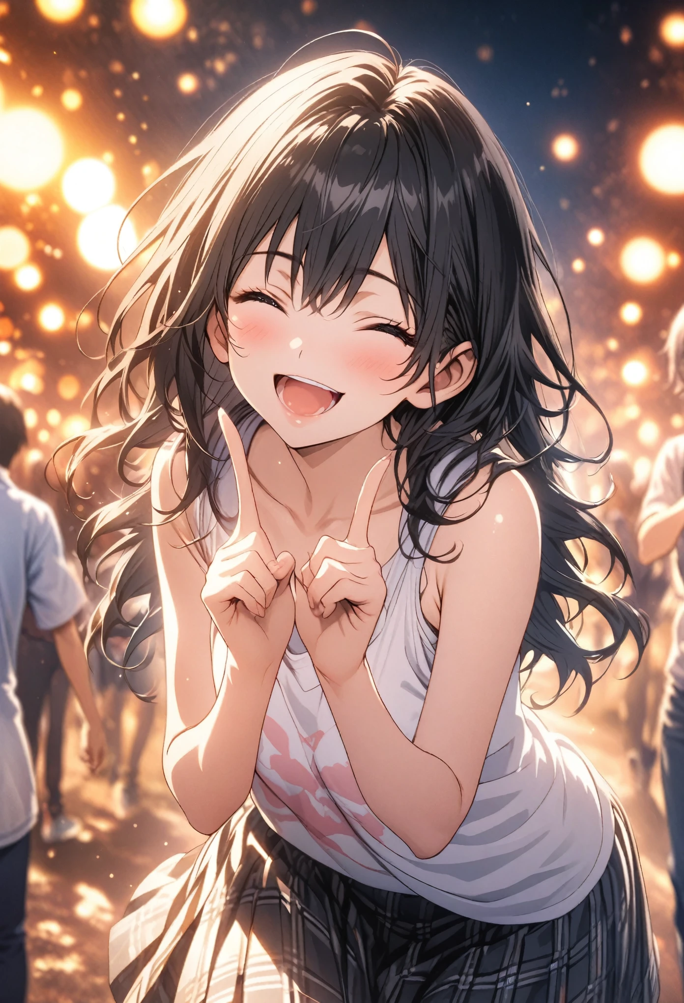 masterpiece, Highest quality, Highly detailed CG Unity 8k wallpaper, High School Girl Anime Illustration. Wear an oversized tank top, She is wearing a red and black checked skirt., Point the index fingers of both hands, she has her eyes closed and mouth open, smile. Black Hair, black eye, twins, Bokeh Photo, (Soft Focus):1.2, Out of focus highlights, Dreamy atmosphere, shining heart, Fascinating Depth, The background is a realistic landscape, Depth of subject